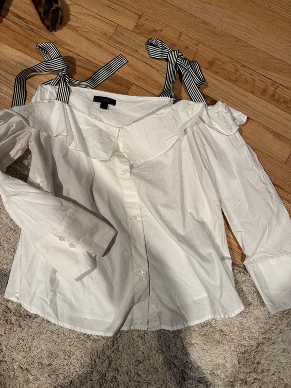 J. Crew White Off-Shoulder Button-Front Top with Striped Tie Straps